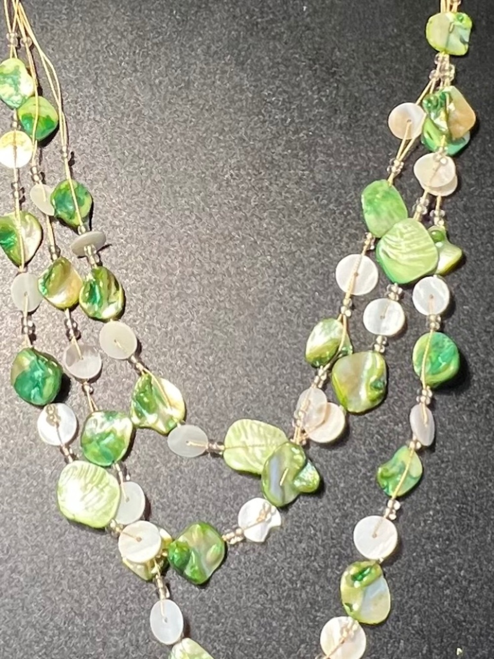 Beach Green hued Mother of Pearl Natural Gold  Silk Thread Necklace